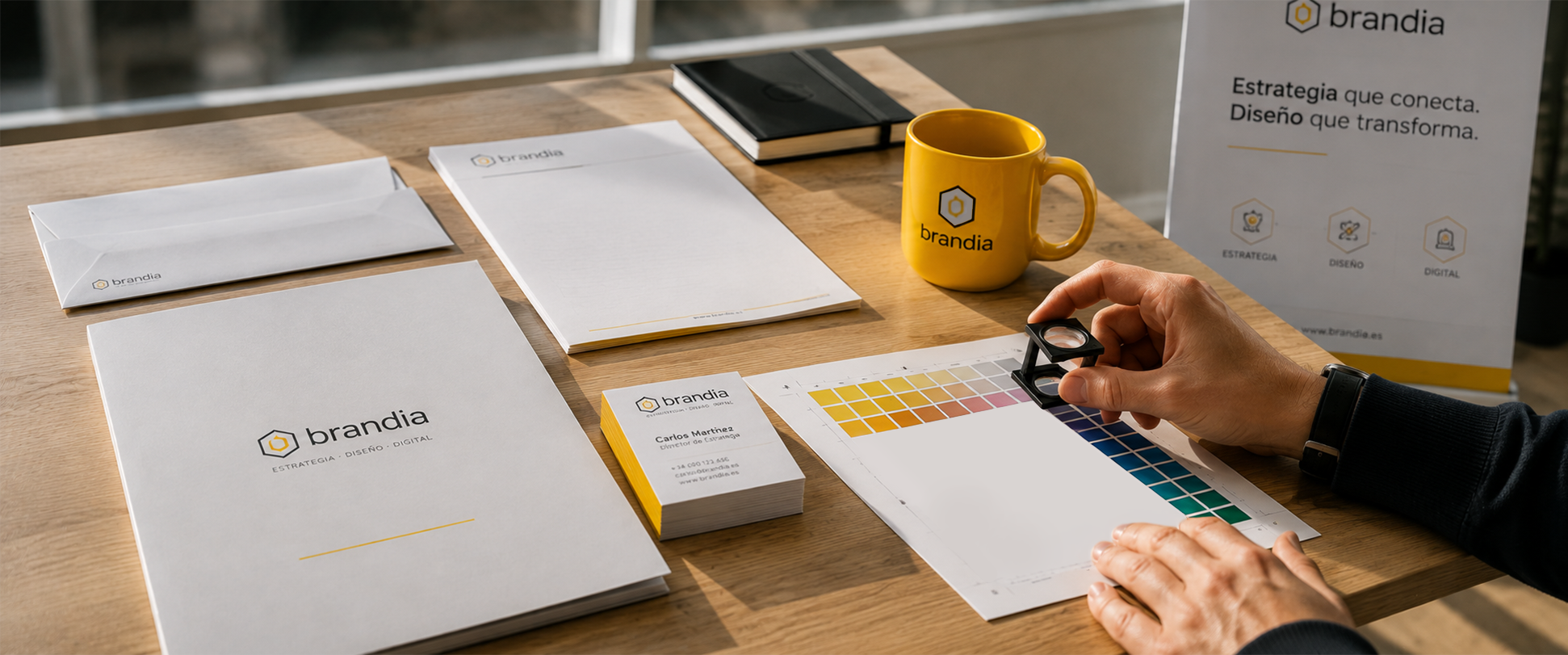 Diseño de material corporativo y tarjetas de visita sobre mesa de estudio de branding