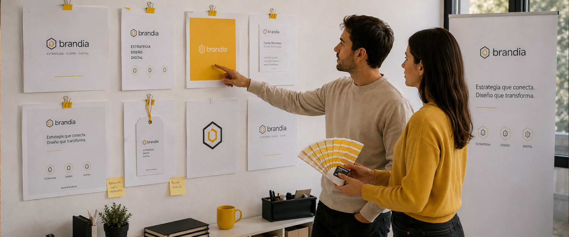 Equipo de Iconify Branding revisando la aplicación de la identidad de marca en soportes impresos