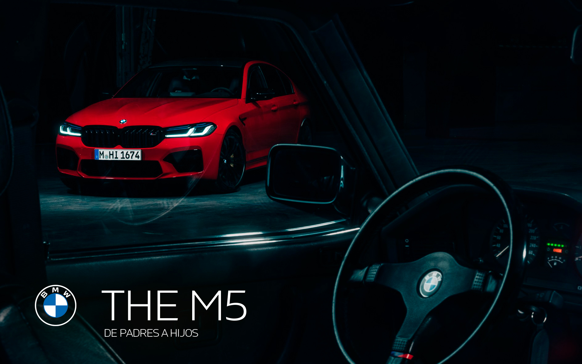Cartel publicitario BMW M5 con vehículo y campaña de comunicación visual